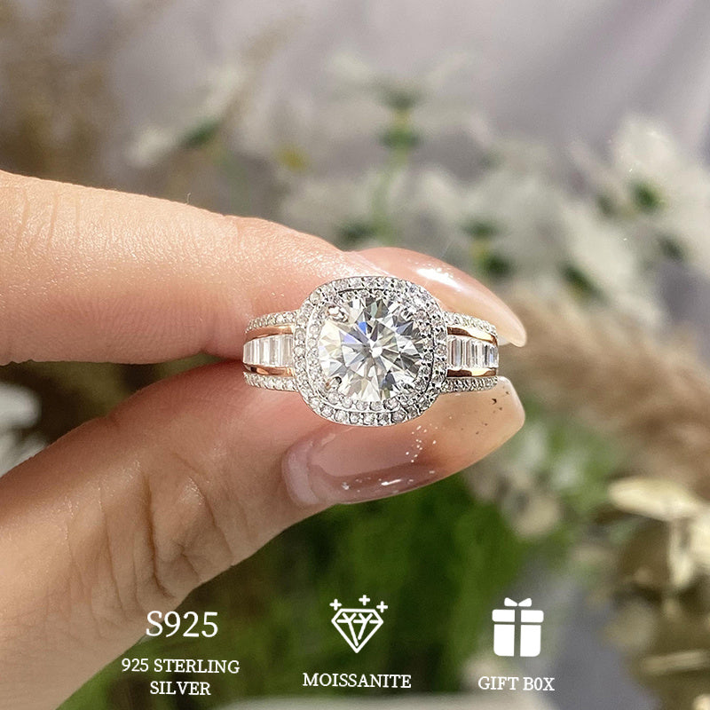 Handcrafted 925 Sterling Silver 2ct Moissanite Women's Belt Ring in Round Square Design - Hypoallergenic, Elegant Engagement and Wedding Jewelry. Featuring a Moissanite Certificate and Luxurious Exquisite Gift Box.