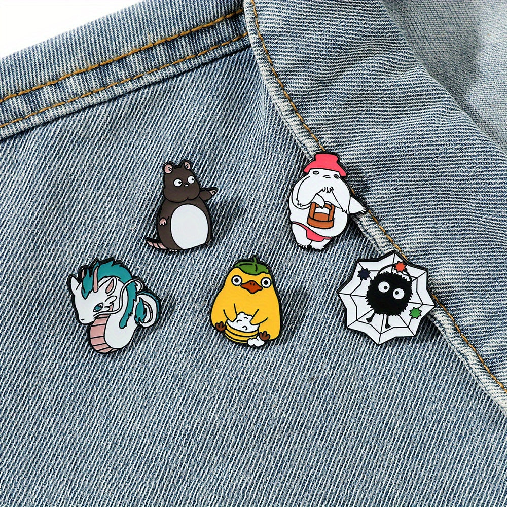 Set of 5 cartoon character brooches featuring a white dragon, mouse, and enamel pin. Perfect for accessorizing backpacks, clothing, and jewelry with a fun and trendy touch. Great as a gift!