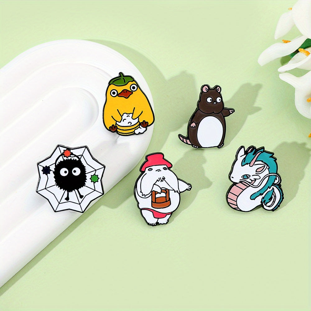 Set of 5 cartoon character brooches featuring a white dragon, mouse, and enamel pin. Perfect for accessorizing backpacks, clothing, and jewelry with a fun and trendy touch. Great as a gift!