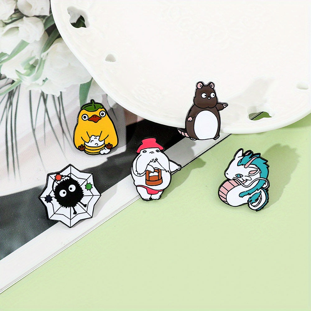 Set of 5 cartoon character brooches featuring a white dragon, mouse, and enamel pin. Perfect for accessorizing backpacks, clothing, and jewelry with a fun and trendy touch. Great as a gift!