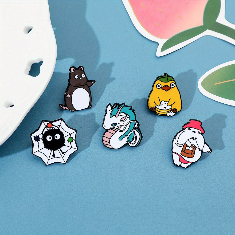 Set of 5 cartoon character brooches featuring a white dragon, mouse, and enamel pin. Perfect for accessorizing backpacks, clothing, and jewelry with a fun and trendy touch. Great as a gift!