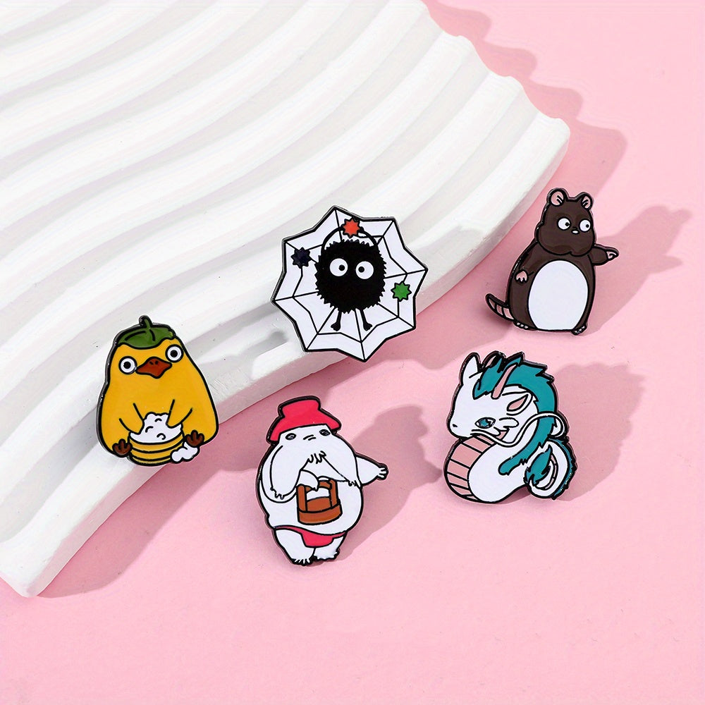 Set of 5 cartoon character brooches featuring a white dragon, mouse, and enamel pin. Perfect for accessorizing backpacks, clothing, and jewelry with a fun and trendy touch. Great as a gift!