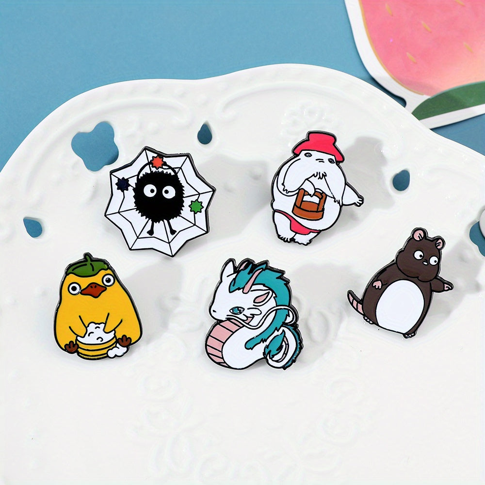 Set of 5 cartoon character brooches featuring a white dragon, mouse, and enamel pin. Perfect for accessorizing backpacks, clothing, and jewelry with a fun and trendy touch. Great as a gift!