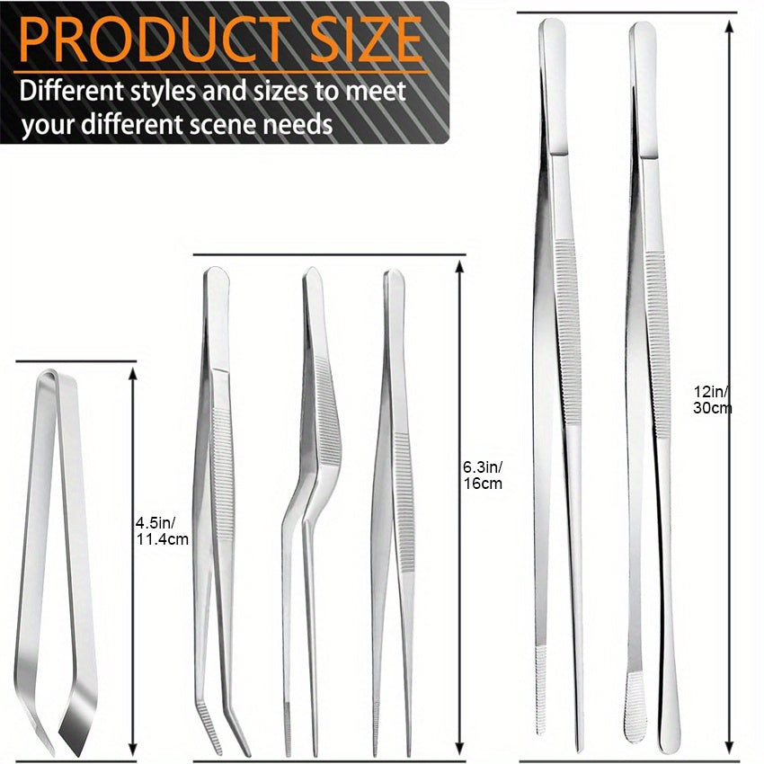 Set of 6 cooking tweezers in a pack, made of stainless steel in sizes 30.48cm and 16.0cm. This kitchen tweezers set includes mini tongs and professional chef tweezers, perfect for cooking, repairing, seafood, barbecue, and various other multi-purpose