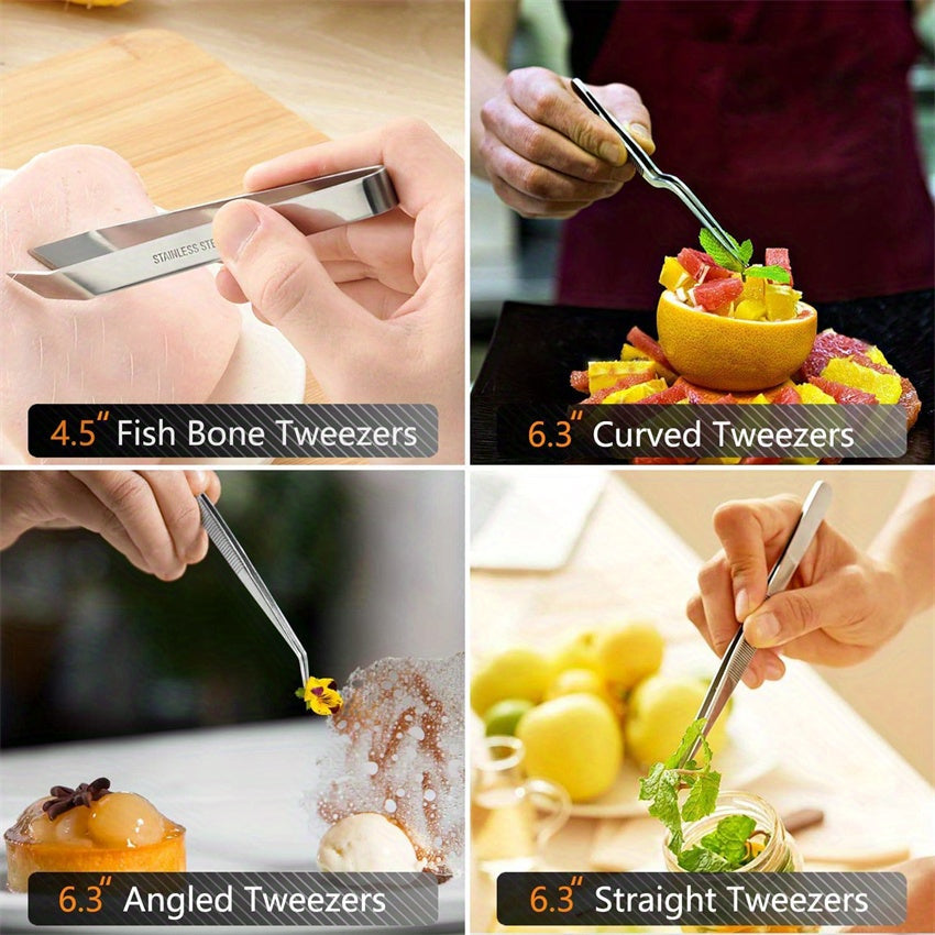 Set of 6 cooking tweezers in a pack, made of stainless steel in sizes 30.48cm and 16.0cm. This kitchen tweezers set includes mini tongs and professional chef tweezers, perfect for cooking, repairing, seafood, barbecue, and various other multi-purpose