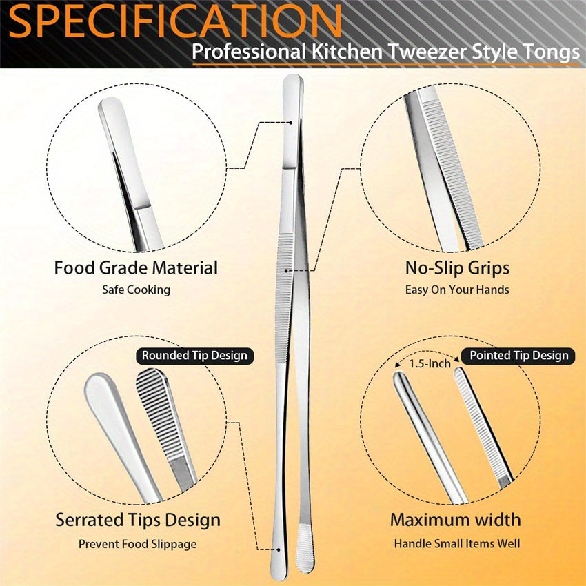 Set of 6 cooking tweezers in a pack, made of stainless steel in sizes 30.48cm and 16.0cm. This kitchen tweezers set includes mini tongs and professional chef tweezers, perfect for cooking, repairing, seafood, barbecue, and various other multi-purpose