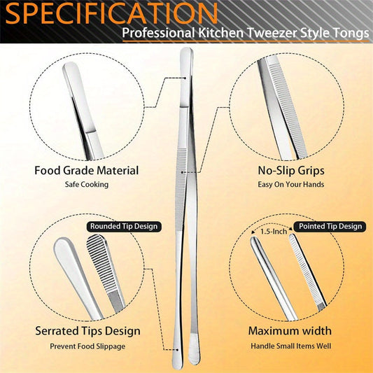 Set of 6 cooking tweezers in a pack, made of stainless steel in sizes 30.48cm and 16.0cm. This kitchen tweezers set includes mini tongs and professional chef tweezers, perfect for cooking, repairing, seafood, barbecue, and various other multi-purpose