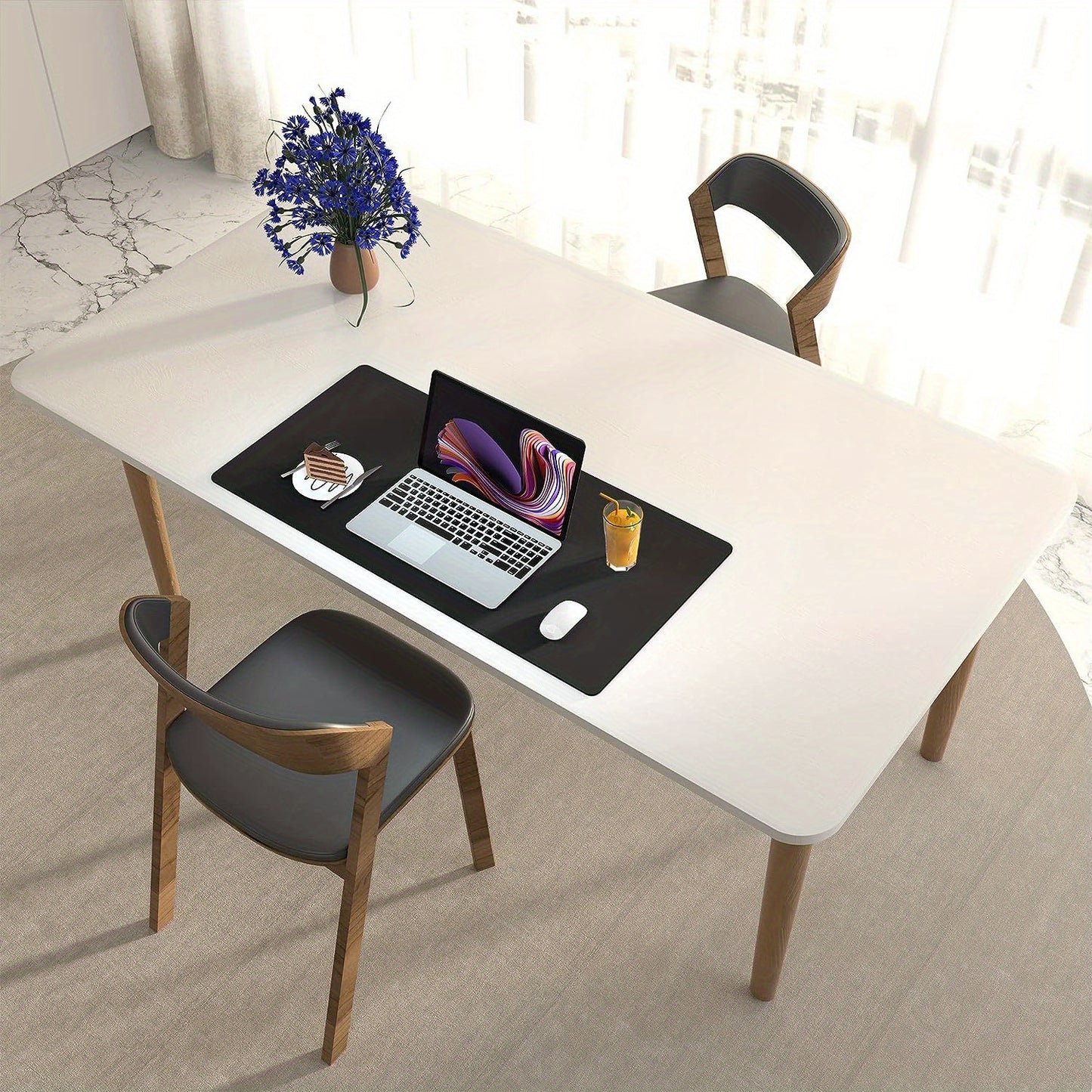 Non-slip PU leather desk pad for office and home use. Water and oil resistant, suitable for writing and using laptop and mouse. Available in two sizes.