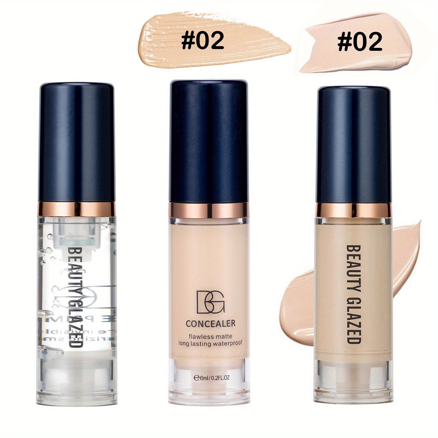 Three-piece makeup set includes primer, concealer, and liquid foundation with matte, long-lasting, waterproof finish. Ideal for beginners and travel.