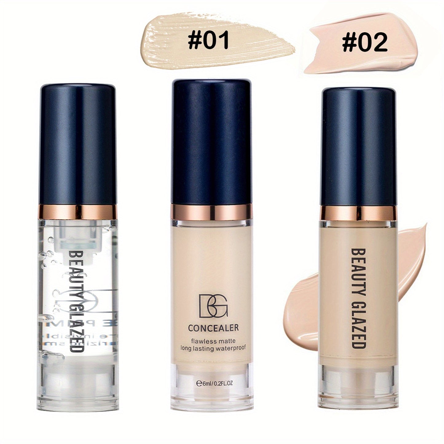 Three-piece makeup set includes primer, concealer, and liquid foundation with matte, long-lasting, waterproof finish. Ideal for beginners and travel.