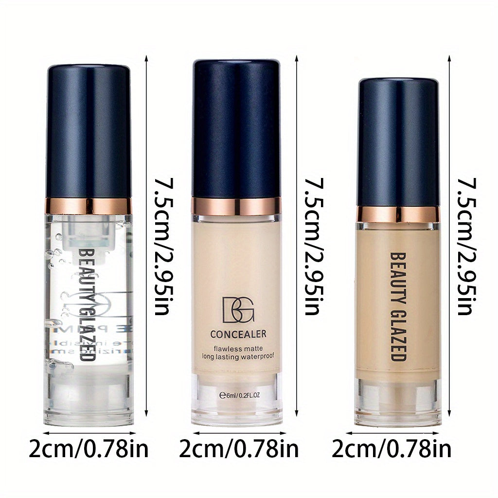 Three-piece makeup set includes primer, concealer, and liquid foundation with matte, long-lasting, waterproof finish. Ideal for beginners and travel.