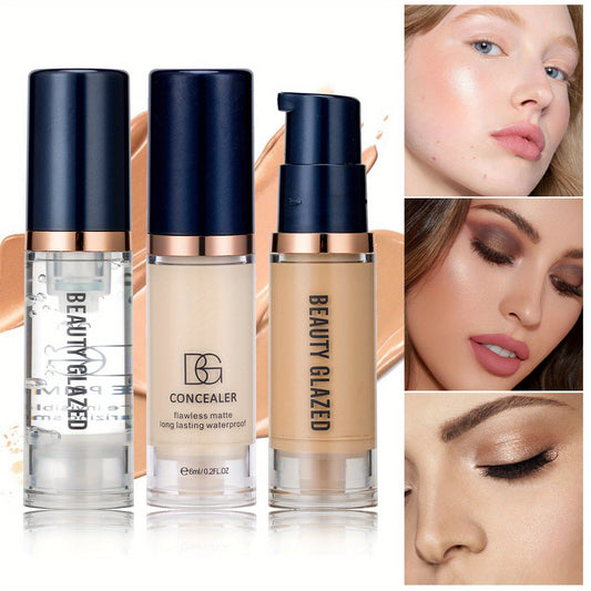 Three-piece makeup set includes primer, concealer, and liquid foundation with matte, long-lasting, waterproof finish. Ideal for beginners and travel.