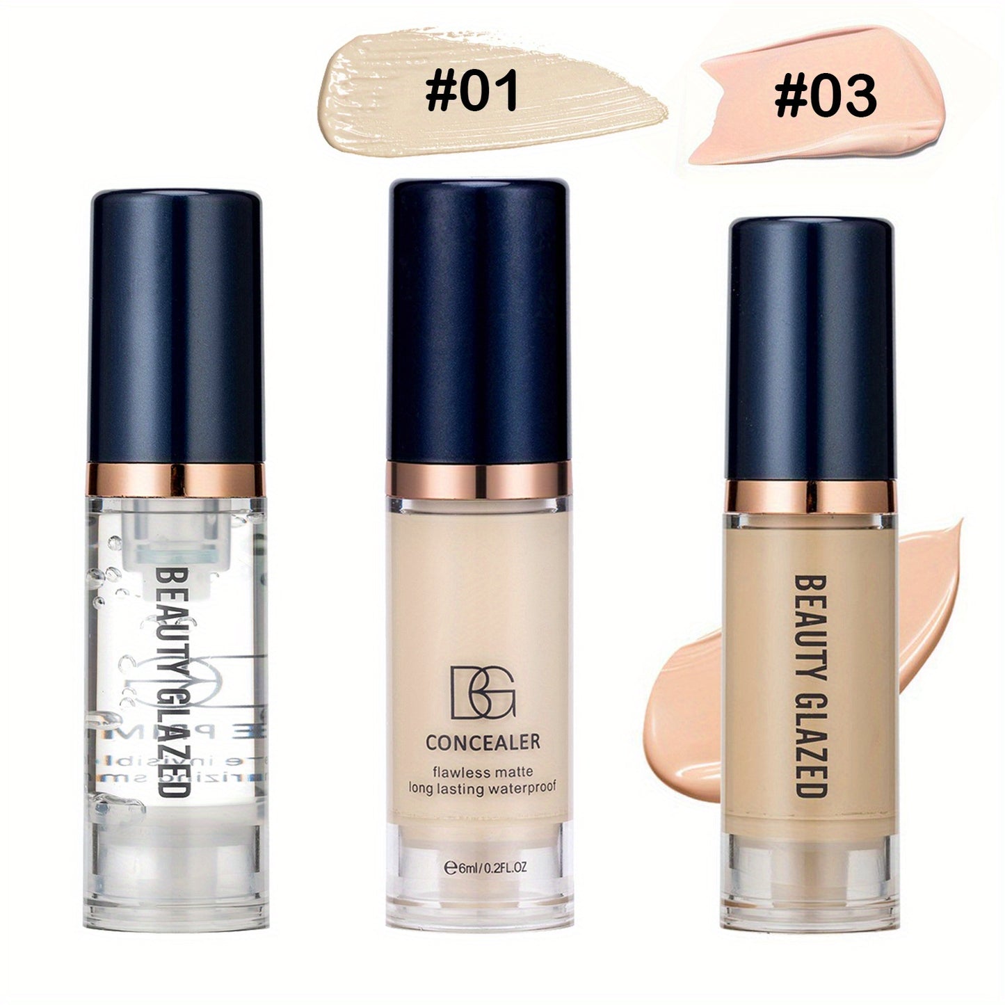 Three-piece makeup set includes primer, concealer, and liquid foundation with matte, long-lasting, waterproof finish. Ideal for beginners and travel.