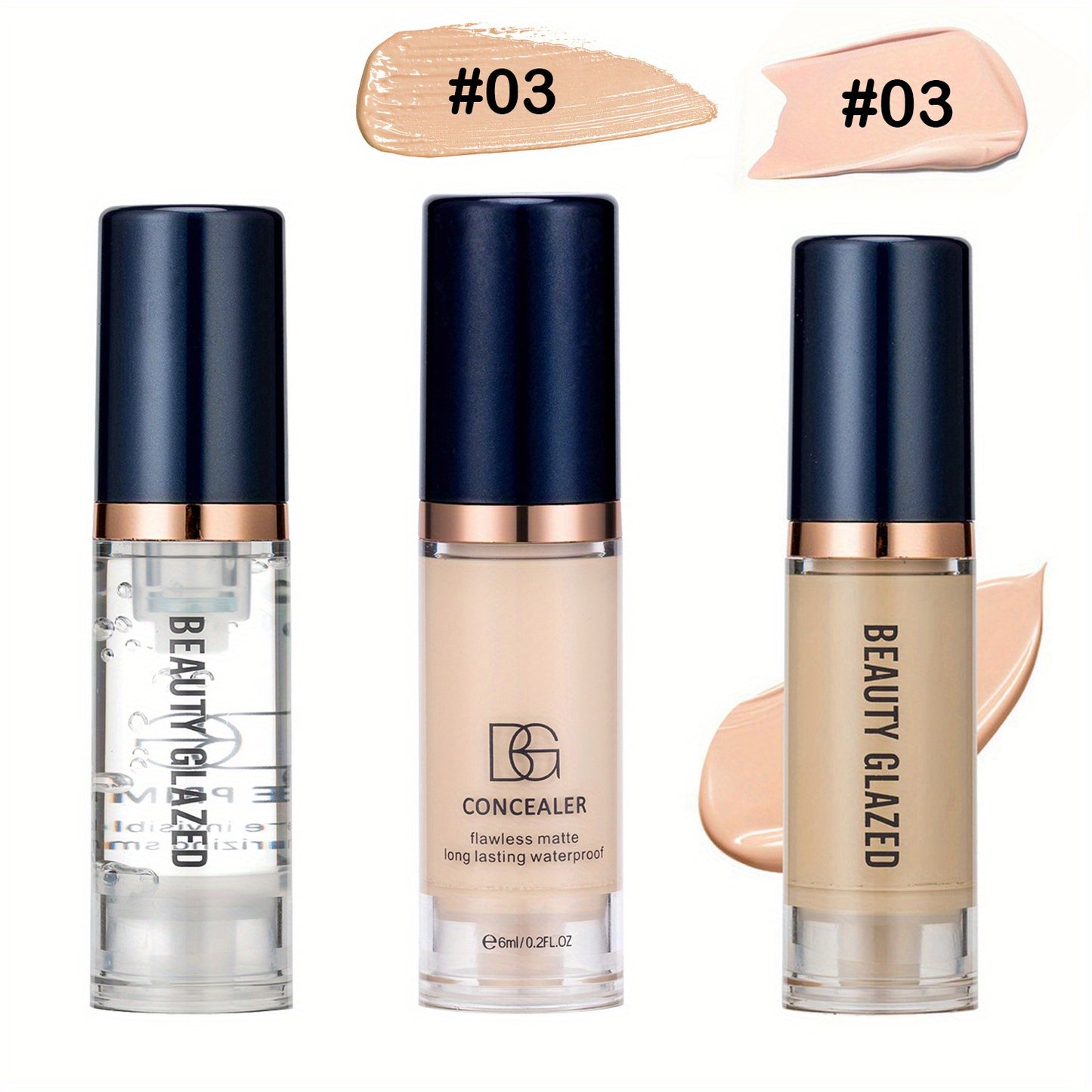 Three-piece makeup set includes primer, concealer, and liquid foundation with matte, long-lasting, waterproof finish. Ideal for beginners and travel.