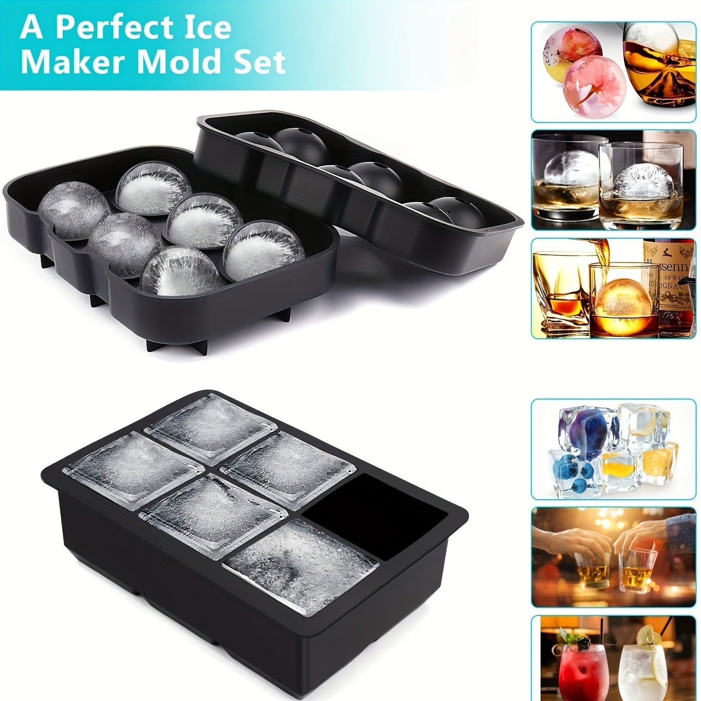 Set of 2 Silicone Ball Makers with Lids and Large Square Mold for Drinks and Food Storage. Perfect for Juice, Made from Food Grade Silicone, BPA Free, Reusable with Funnel. Great for Parties and Household Use in the Kitchen.