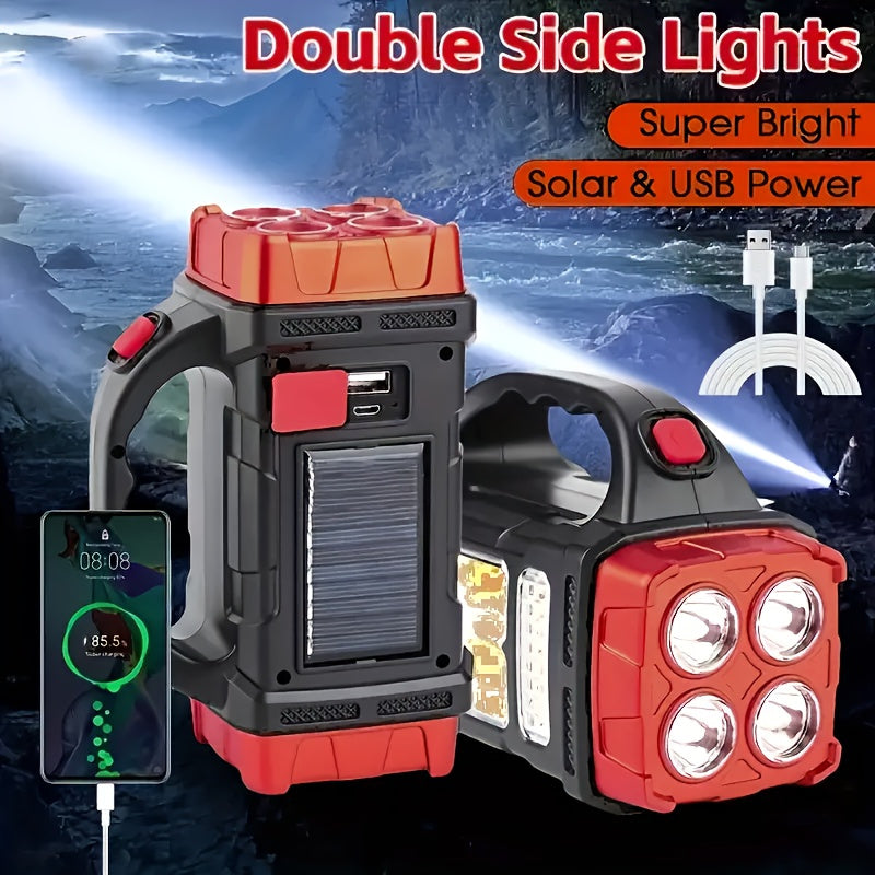 One LED solar camping light, bright and portable, rechargeable flashlight, ideal for outdoor activities including hiking and camping.