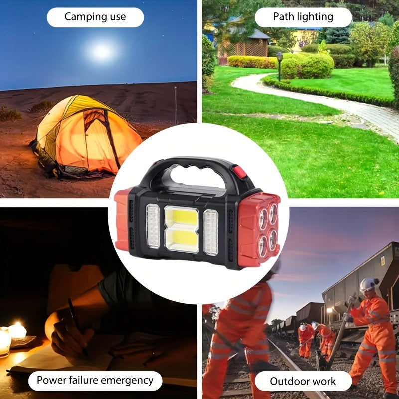 One LED solar camping light, bright and portable, rechargeable flashlight, ideal for outdoor activities including hiking and camping.