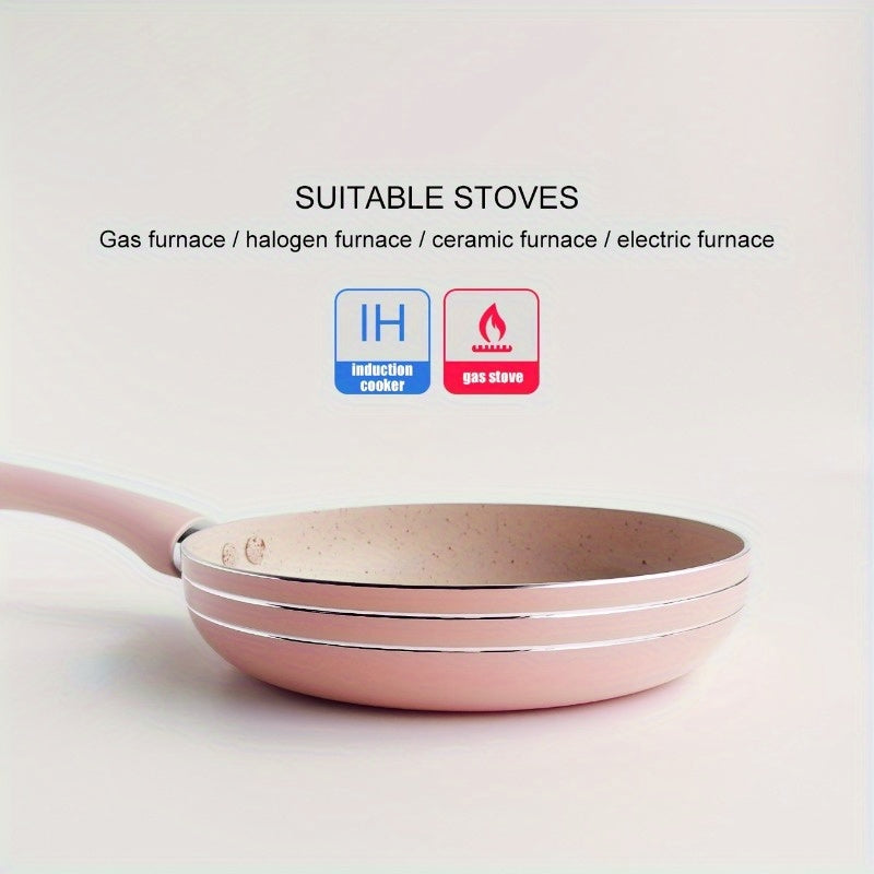 This Pink Maifan Stone Non-Stick Skillet measures 16.51cm and is ideal for making soups and frying. Made of durable aluminum, this cookware must be hand washed for best results.