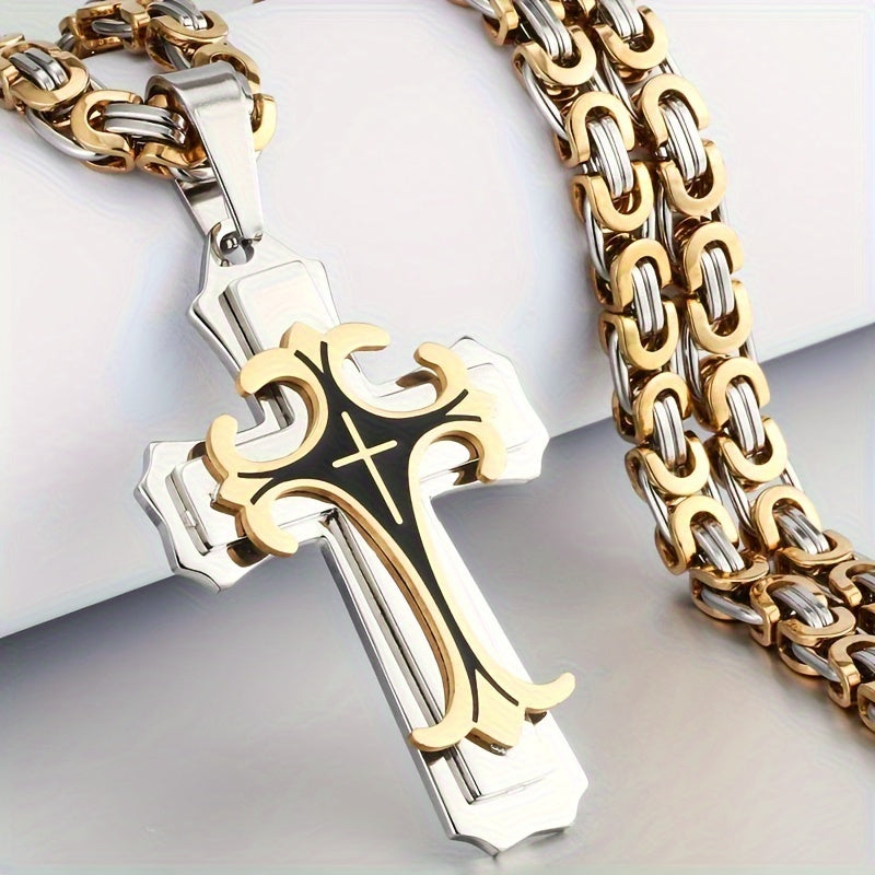 Vintage handmade men's necklace and bracelet set with golden black stainless steel cross pendant.