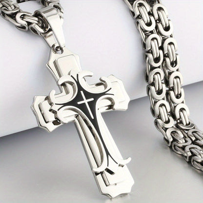 Vintage handmade men's necklace and bracelet set with golden black stainless steel cross pendant.