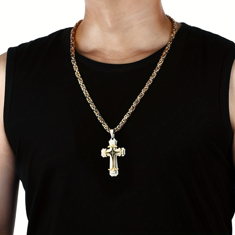 Vintage handmade men's necklace and bracelet set with golden black stainless steel cross pendant.