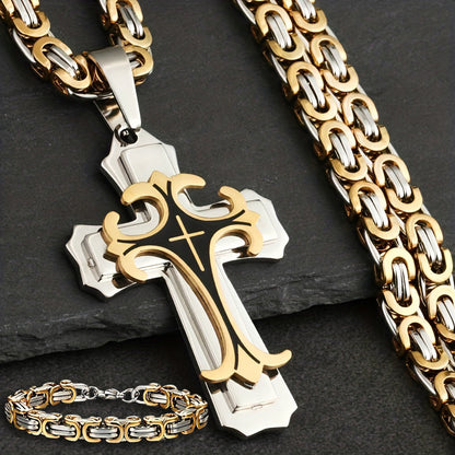 Vintage handmade men's necklace and bracelet set with golden black stainless steel cross pendant.