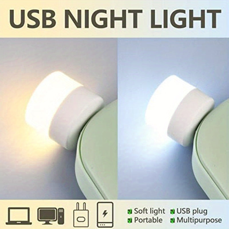 10 Mini USB Night Lights emitting warm white light for eye protection while reading, with USB plug for charging from computer or mobile power source.