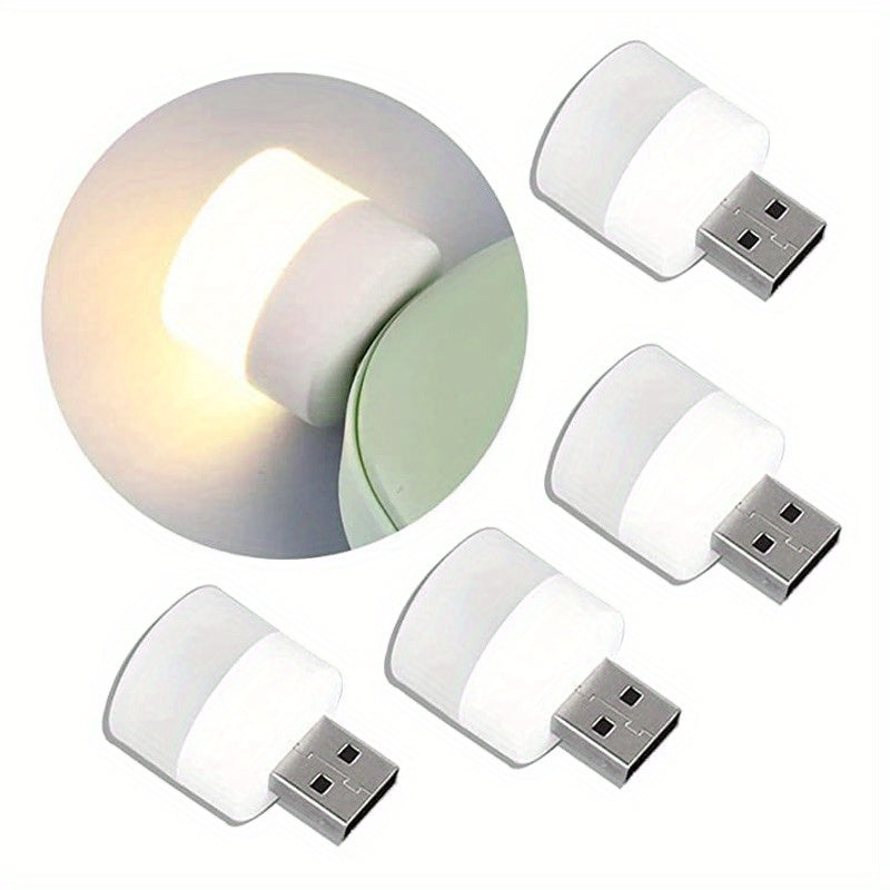 10 Mini USB Night Lights emitting warm white light for eye protection while reading, with USB plug for charging from computer or mobile power source.