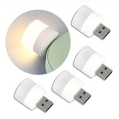 10 Mini USB Night Lights emitting warm white light for eye protection while reading, with USB plug for charging from computer or mobile power source.