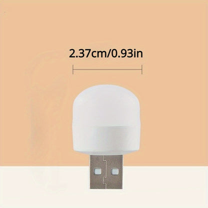 10 Mini USB Night Lights emitting warm white light for eye protection while reading, with USB plug for charging from computer or mobile power source.