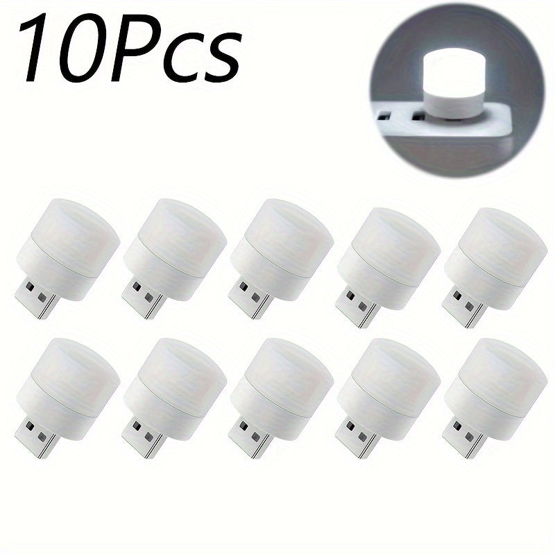 10 Mini USB Night Lights emitting warm white light for eye protection while reading, with USB plug for charging from computer or mobile power source.