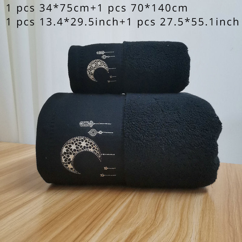 A set of 2 pure cotton velvet towels with star and moon embroidery in sizes 34*75cm and 70*140cm. Perfect for couples as a Valentine's Day gift or for general home use. Includes a washcloth and a beach/bath wrap.