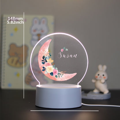 Personalized Moon Flower 3D Illusion LED Night Light - Warm Glow/Rainbow, USB Powered Acrylic Lamp for Gifts and Decor, Perfect for all Occasions.