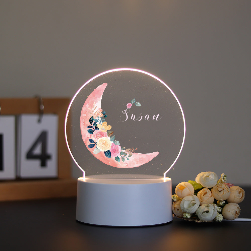 Personalized Moon Flower 3D Illusion LED Night Light - Warm Glow/Rainbow, USB Powered Acrylic Lamp for Gifts and Decor, Perfect for all Occasions.