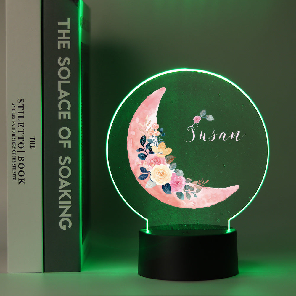 Personalized Moon Flower 3D Illusion LED Night Light - Warm Glow/Rainbow, USB Powered Acrylic Lamp for Gifts and Decor, Perfect for all Occasions.