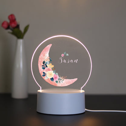 Personalized Moon Flower 3D Illusion LED Night Light - Warm Glow/Rainbow, USB Powered Acrylic Lamp for Gifts and Decor, Perfect for all Occasions.