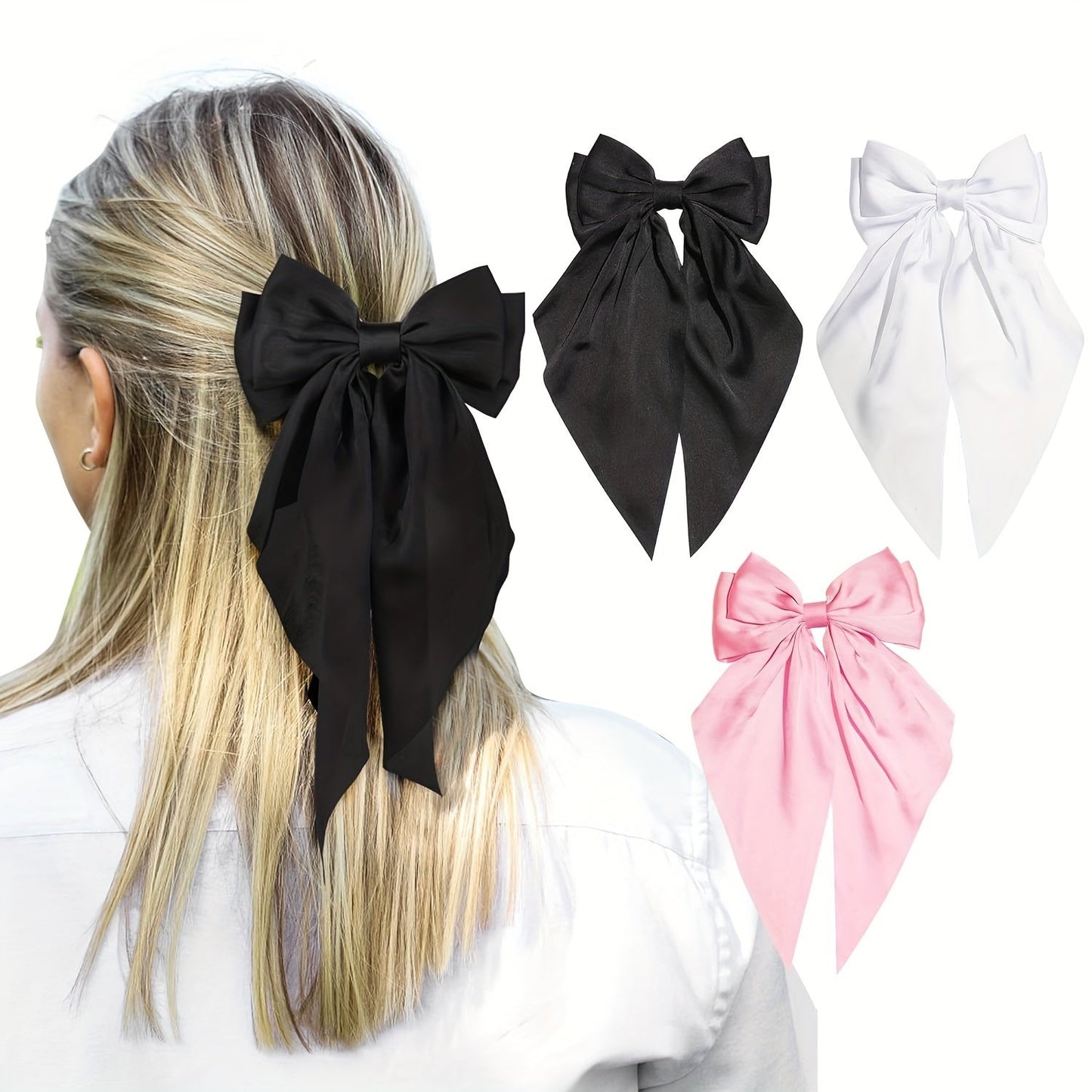 Set of 3 elegant bow hair clips made from sweet silky ribbon, perfect for women's daily use as hair accessories.