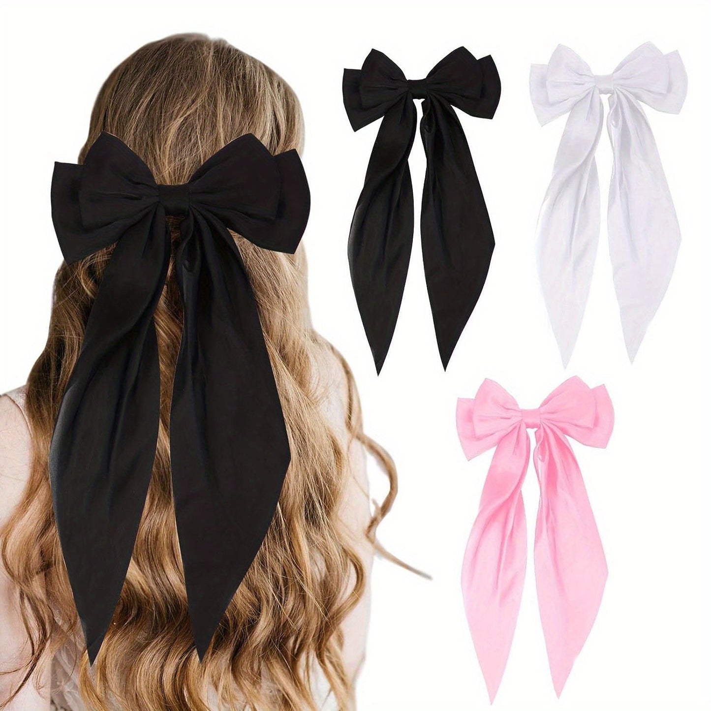 Set of 3 elegant bow hair clips made from sweet silky ribbon, perfect for women's daily use as hair accessories.