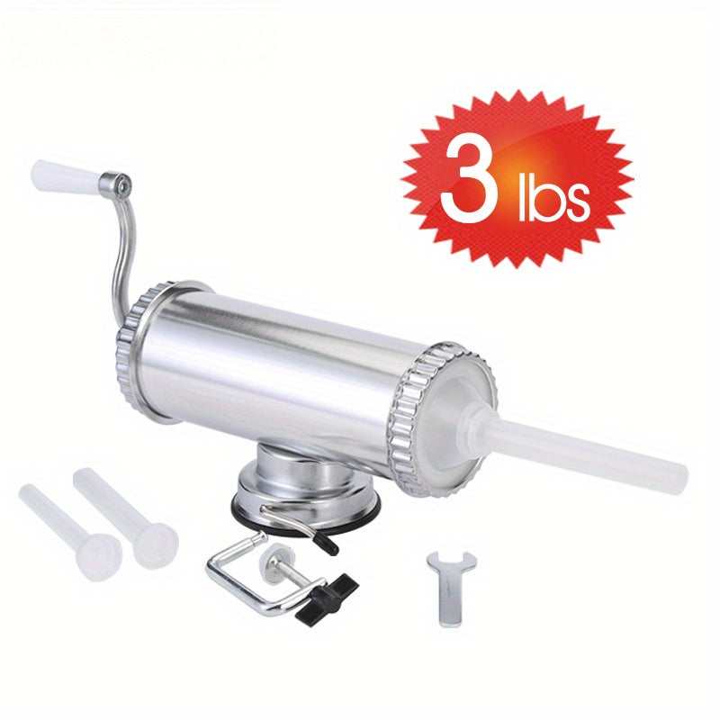 One manual sausage stuffer set made of aluminum alloy, includes a hand-cranked sausage filler machine, sausage syringe, and various manual sausage maker tools; ideal for baking and kitchen use.