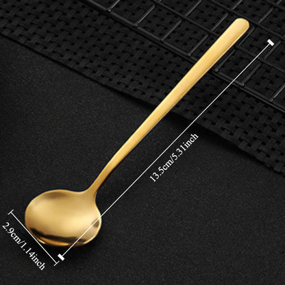 A trio of small round spoons made from durable stainless steel, featuring a luxurious golden finish. Ideal for stirring honey, coffee, and desserts. Makes a thoughtful gift or a stylish addition to your kitchen collection. Perfect for enjoying bird's