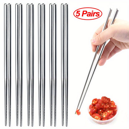 5 pairs of stainless steel Chinese chopsticks, non-slip for sushi and Korean and Japanese food, part of a kitchen cutlery set.