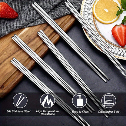 5 pairs of stainless steel Chinese chopsticks, non-slip for sushi and Korean and Japanese food, part of a kitchen cutlery set.