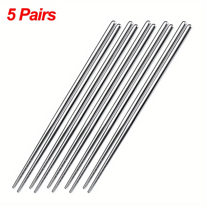 5 pairs of stainless steel Chinese chopsticks, non-slip for sushi and Korean and Japanese food, part of a kitchen cutlery set.