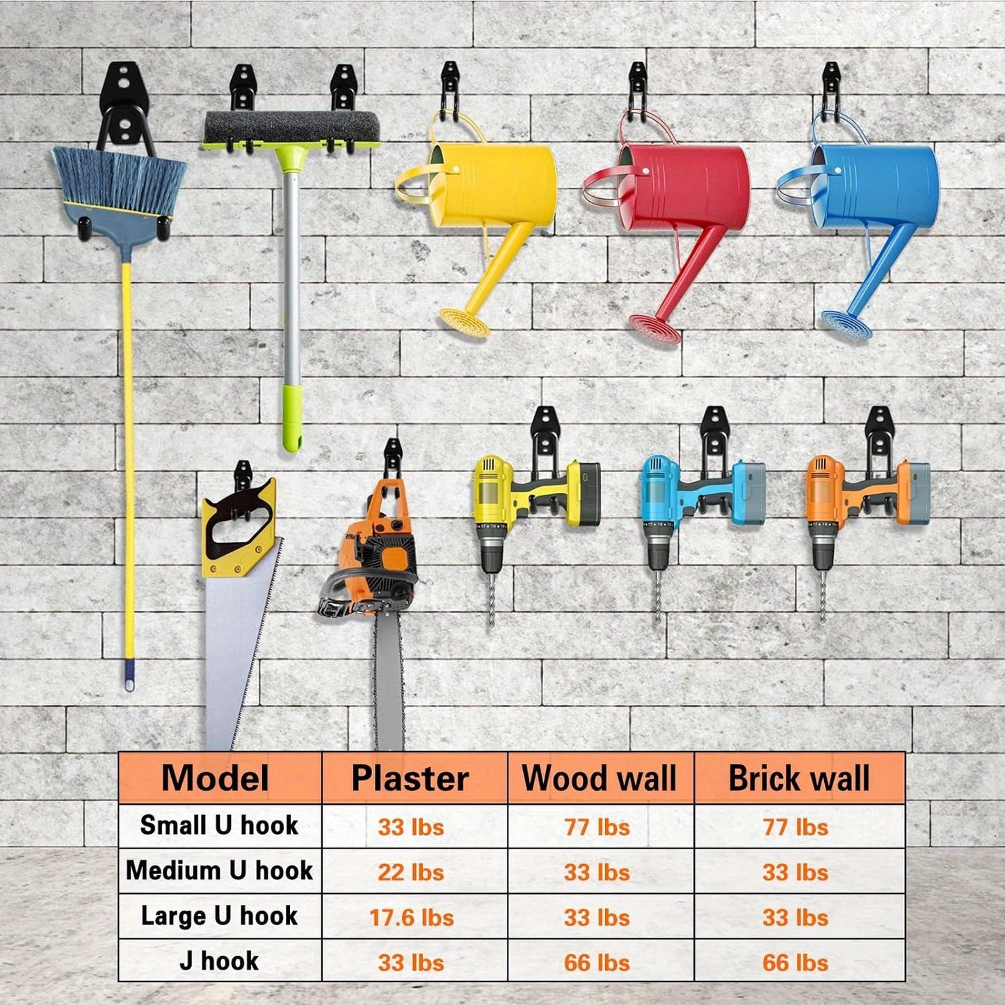 12-pack of heavy-duty garage hooks made of utility steel for wall mounting to organize power tools, ladders, bicycles, and other equipment.