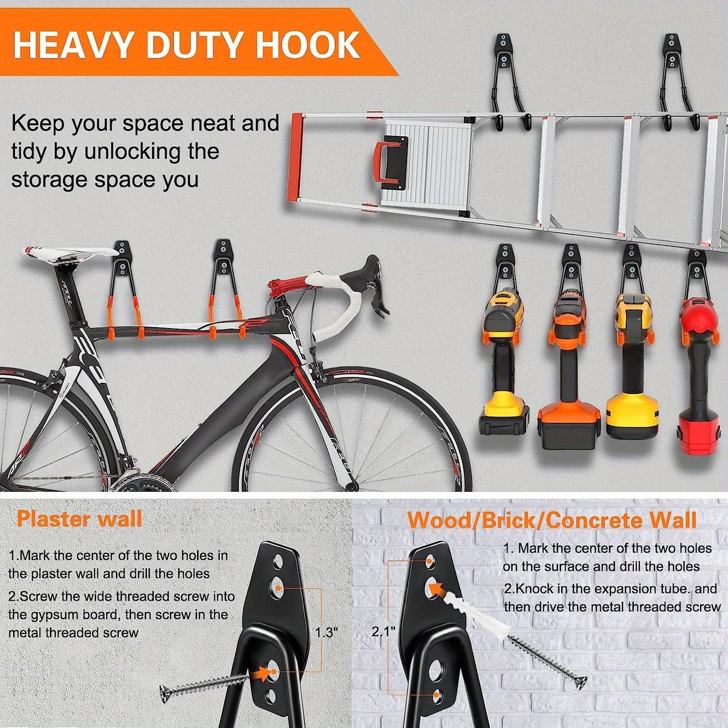 12-pack of heavy-duty garage hooks made of utility steel for wall mounting to organize power tools, ladders, bicycles, and other equipment.