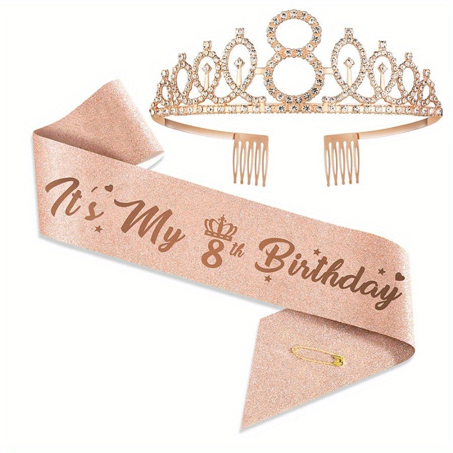 Rose Gold Birthday Celebration Kit includes tiara, sash with "Mr. & Mrs." option, perfect for milestone occasions. Includes party favors, photo props, metal material, no power required.