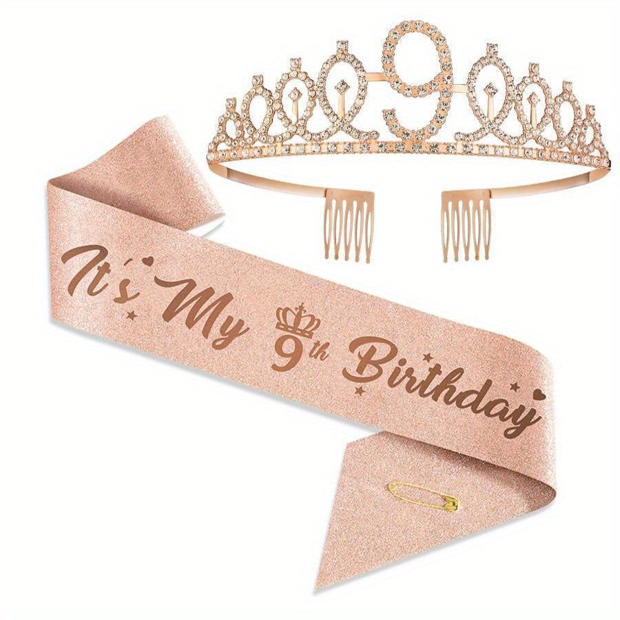 Rose Gold Birthday Celebration Kit includes tiara, sash with "Mr. & Mrs." option, perfect for milestone occasions. Includes party favors, photo props, metal material, no power required.