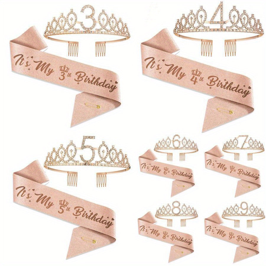 Rose Gold Birthday Celebration Kit includes tiara, sash with "Mr. & Mrs." option, perfect for milestone occasions. Includes party favors, photo props, metal material, no power required.