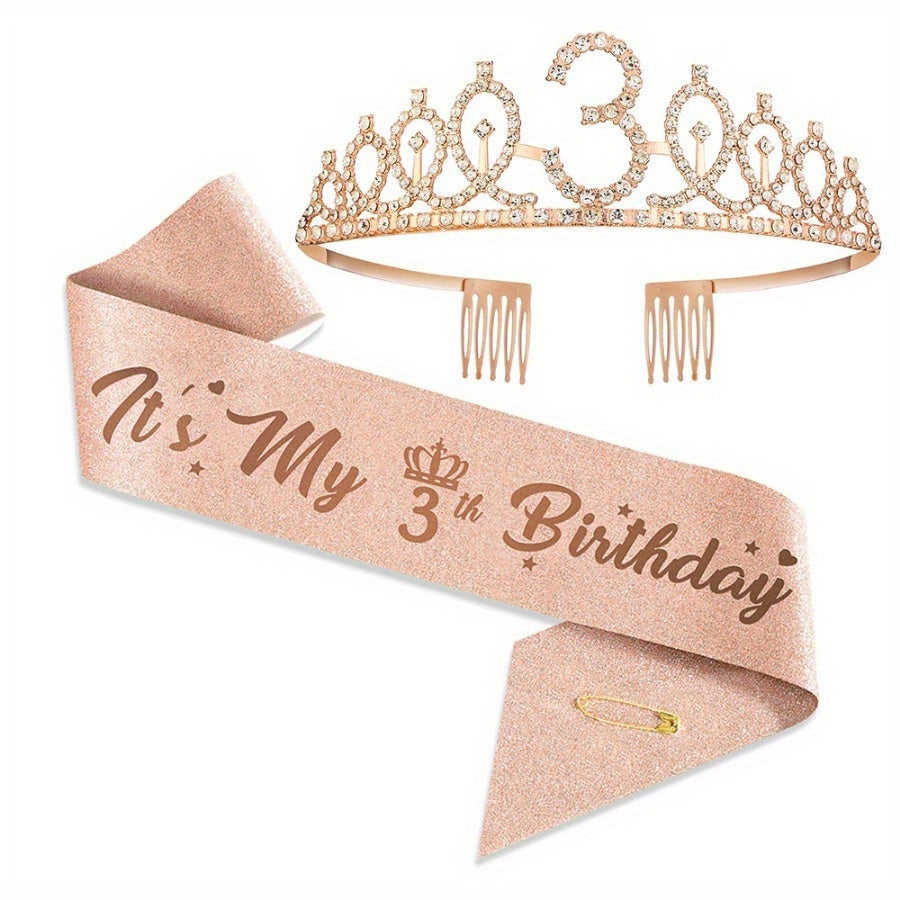 Rose Gold Birthday Celebration Kit includes tiara, sash with "Mr. & Mrs." option, perfect for milestone occasions. Includes party favors, photo props, metal material, no power required.