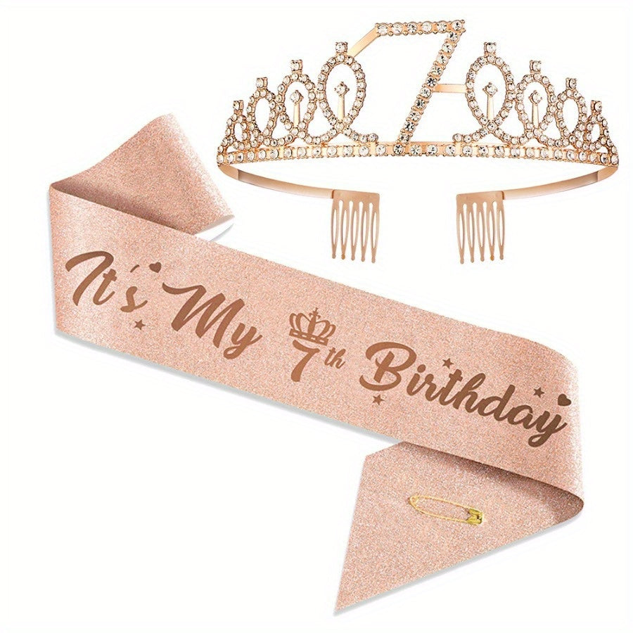 Rose Gold Birthday Celebration Kit includes tiara, sash with "Mr. & Mrs." option, perfect for milestone occasions. Includes party favors, photo props, metal material, no power required.